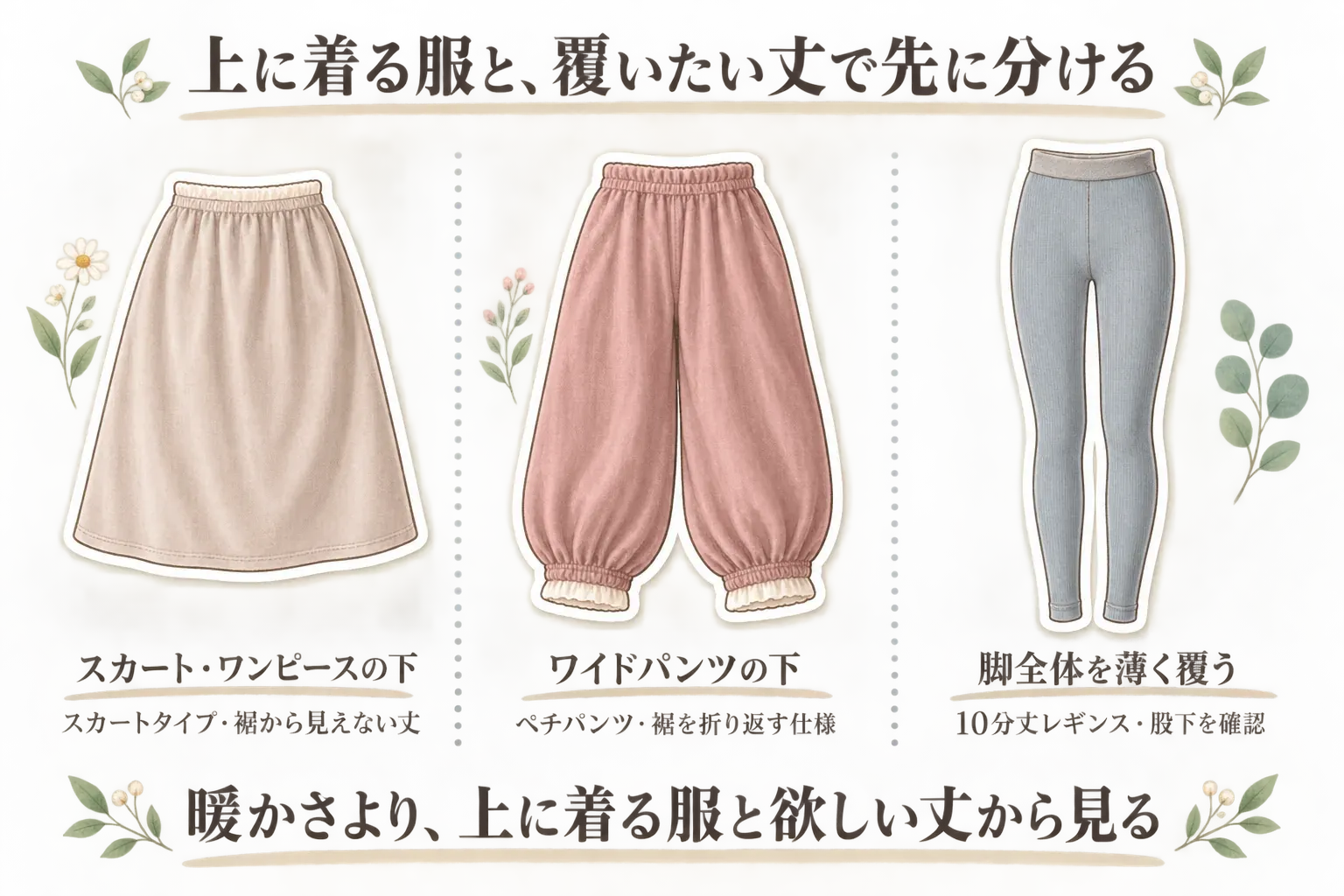 上に着る服と覆いたい丈で秋の防寒インナーを分ける図。スカート・ワンピースの下には裾から見えない丈のスカートタイプ、ワイドパンツの下には裾を折り返せるペチパンツ、脚全体を薄く覆うには股下を確認する10分丈レギンスを選び、暖かさより上に着る服と欲しい丈を先に見ることを示す。