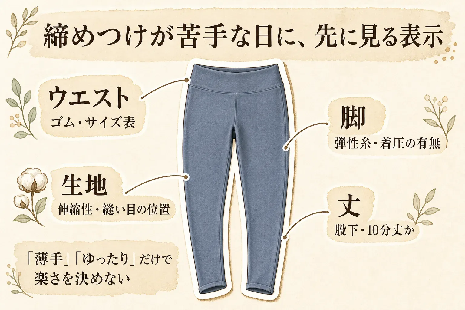 締めつけが苦手な日にレギンスで先に見る表示を示す図。ウエストはゴムとサイズ表、脚は弾性糸と着圧の有無、生地は伸縮性と縫い目の位置、丈は股下と10分丈かを確認し、「薄手」「ゆったり」だけで楽さを決めないことを示す。