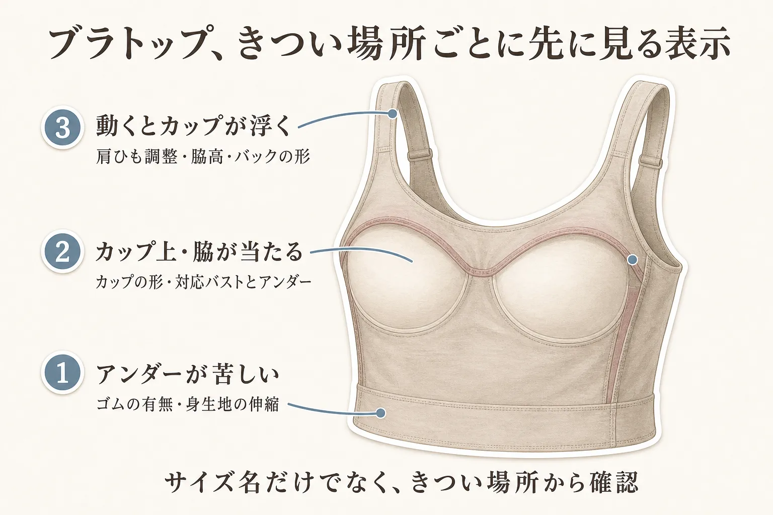 ブラトップで締め付けや当たりが気になりやすい場所を示す図。アンダー、カップ上辺、脇、肩ひも、背中の各部位と、それぞれで確認する構造やサイズのポイントを示す。