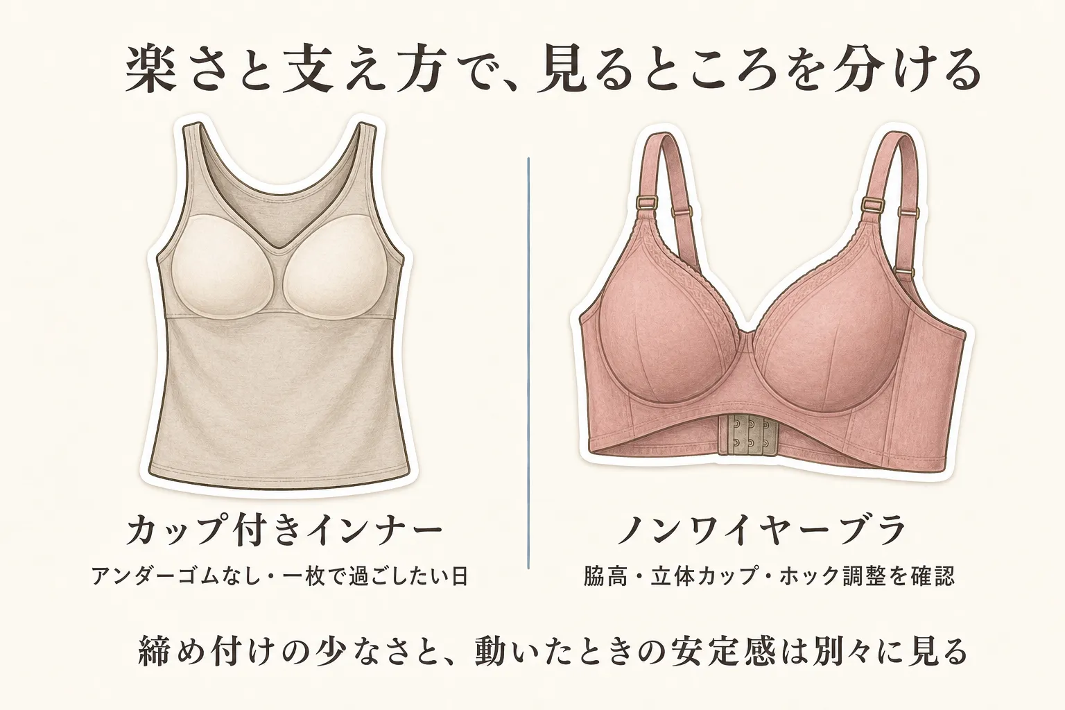 締め付けが気になる場所に応じた選び方を比べる図。アンダーゴムの圧迫にはゴムなし・アンダーフリーのカップ付きインナー、カップの浮きや動いたときのずれには脇高・立体カップ・ホック・肩ひも調整のあるノンワイヤーブラを示す。
