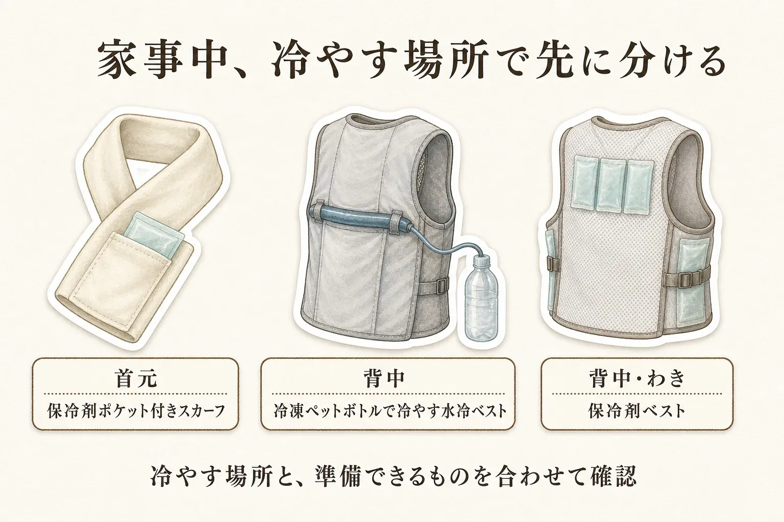 家事中に冷やす場所でタイプを分ける図。保冷剤ポケット付きスカーフは首元、水冷ベストは凍結ペットボトルで背中、保冷剤ベストは背中・わきを冷やすことを示し、冷やす場所と準備できるものを合わせて確認するよう案内している。