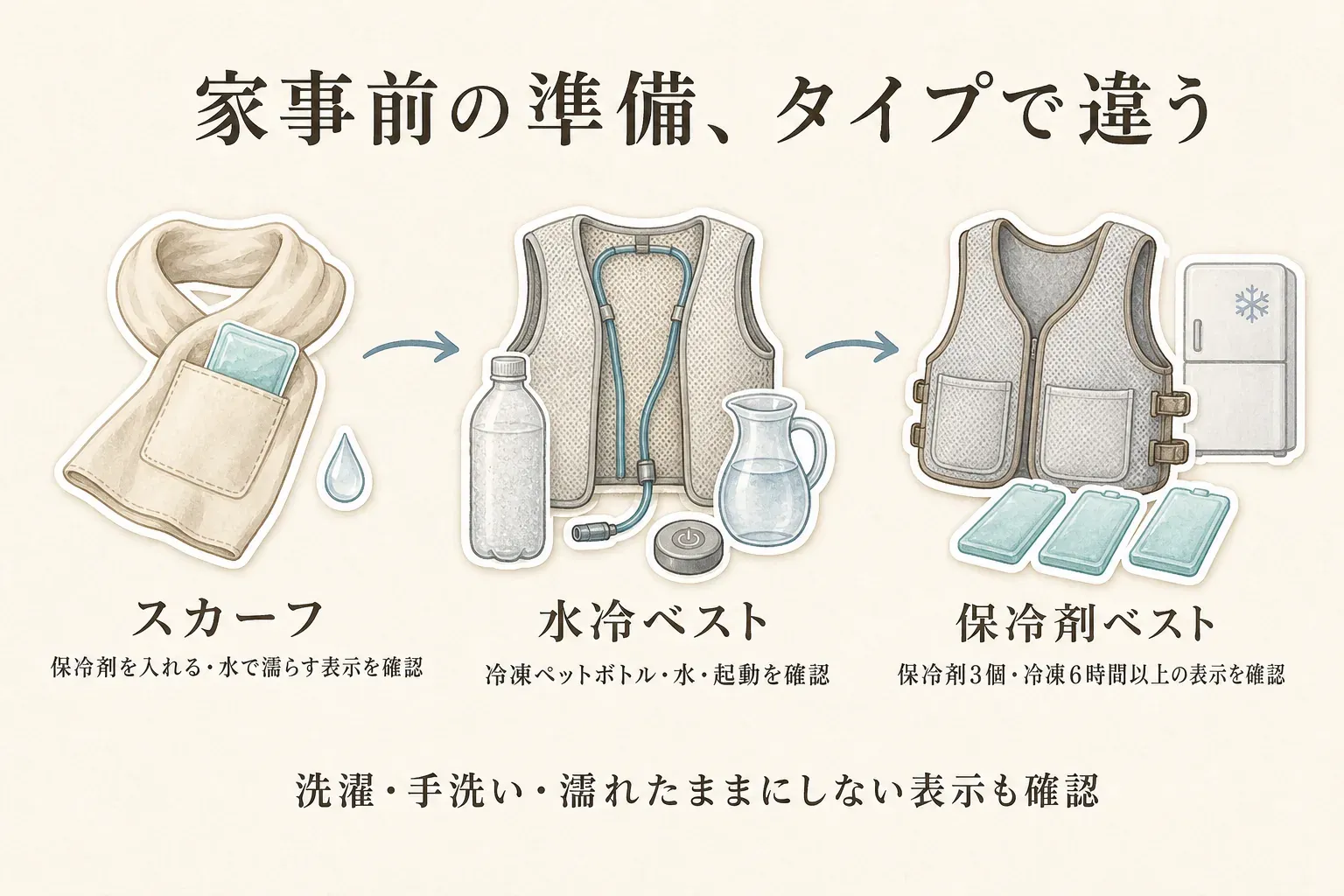 家事前の準備をタイプ別に確認する図。スカーフは保冷剤と水で濡らす表示、水冷ベストは凍結ペットボトル・水・起動、保冷剤ベストは保冷剤3個と冷凍6時間以上の表示を確認し、洗濯・手洗い・濡れたままにしない表示も見るよう示している。