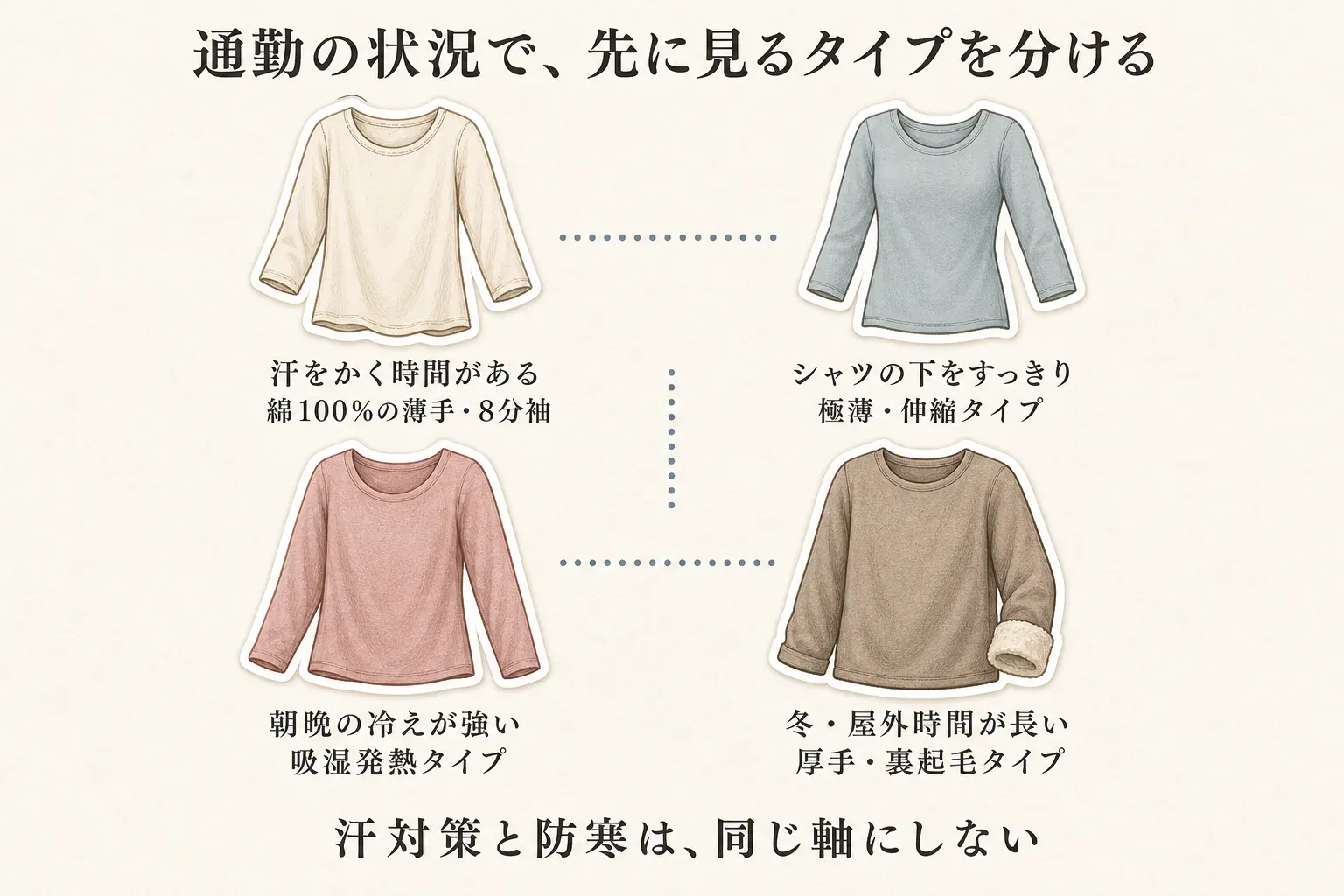 通勤の状況で先に見るインナーのタイプを分ける図。汗をかく時間があるときは綿100％の薄手・8分袖、シャツの下をすっきりさせたいときは極薄・伸縮タイプ、朝晩の冷えが強いときは吸湿発熱タイプ、冬や屋外時間が長いときは厚手・裏起毛タイプを確認し、汗対策と防寒を同じ軸にしないことを示す。