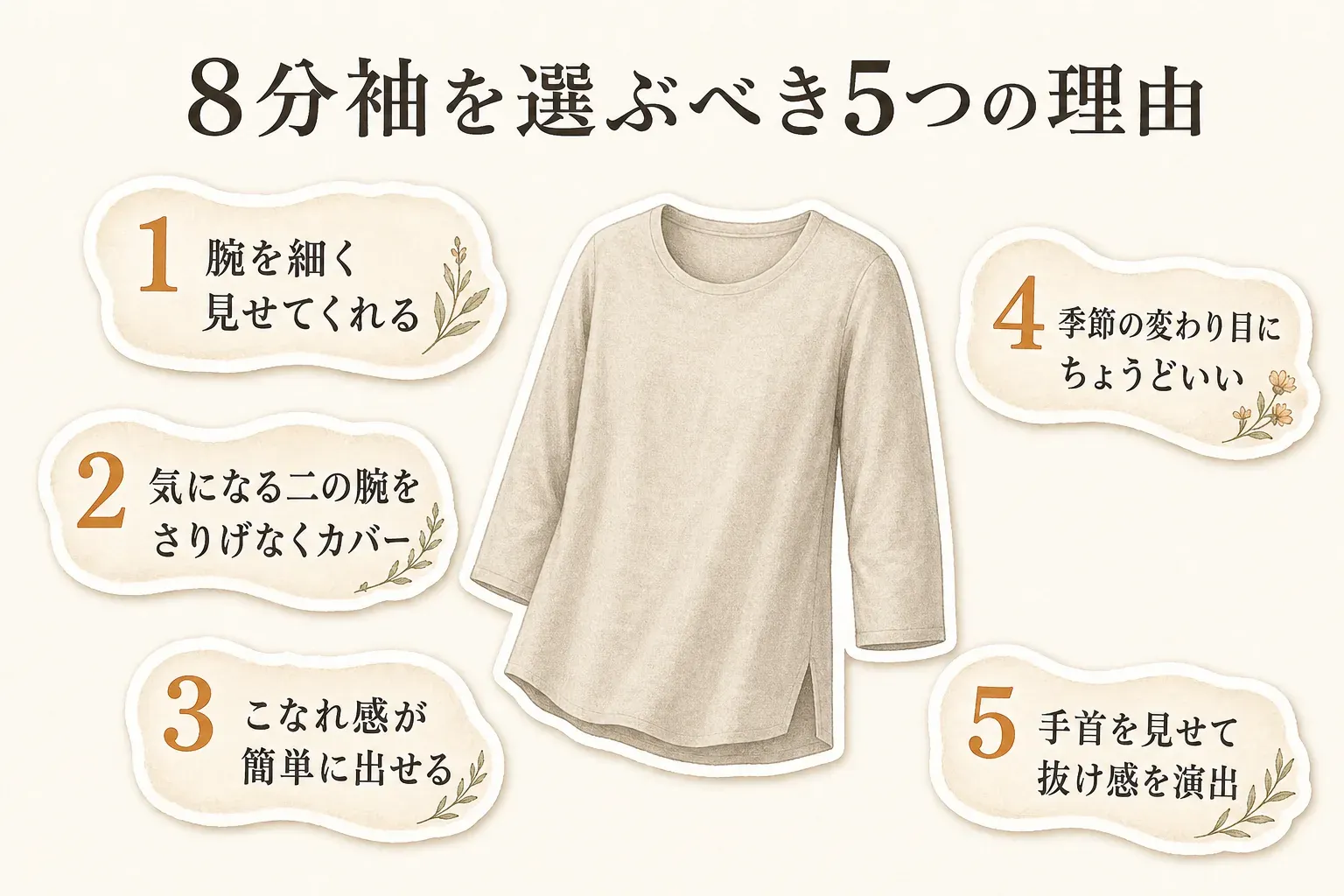 衣替え前に商品ページで確認する5項目の図。素材が綿100％・綿混・別素材のどれか、生地が薄手・厚手・極厚・裏起毛のどれか、8分袖・長袖と袖口の相性、首まわり・脇の縫い目・タグ・身幅の干渉、洗濯・乾燥機・縮み・色移りの取扱表示を確認することを示す。