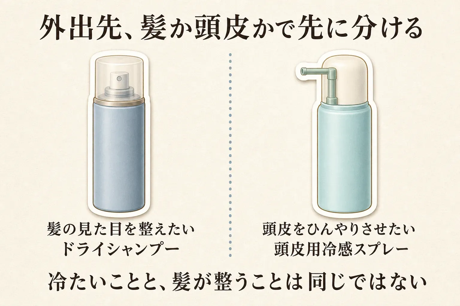 外出先での目的を分ける図。髪の見た目を整えたいときはドライシャンプー、頭皮をひんやりさせたいときは頭皮用冷感スプレーを選ぶこと、冷たいことと髪が整うことは同じではないことを、2本のスプレー容器のイラストで示している。