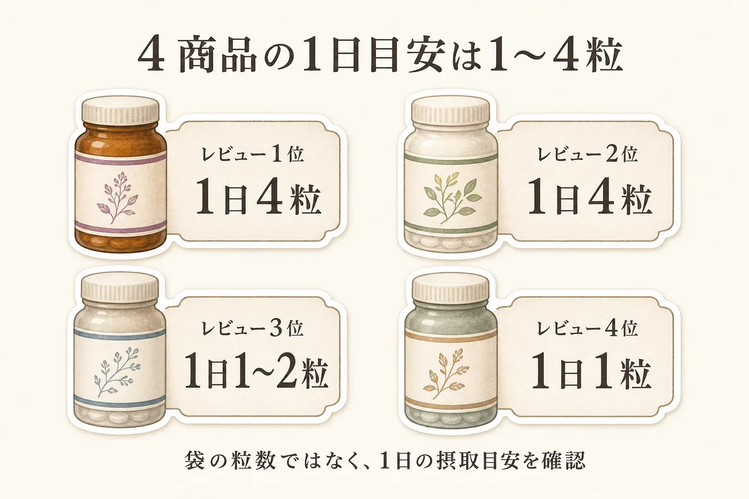 レビュー数順の4商品の1日あたりの摂取目安を示す図。レビュー1位と2位は1日4粒、3位は1日1〜2粒、4位は1日1粒で、袋の粒数ではなく1日の摂取目安を確認するよう示している。