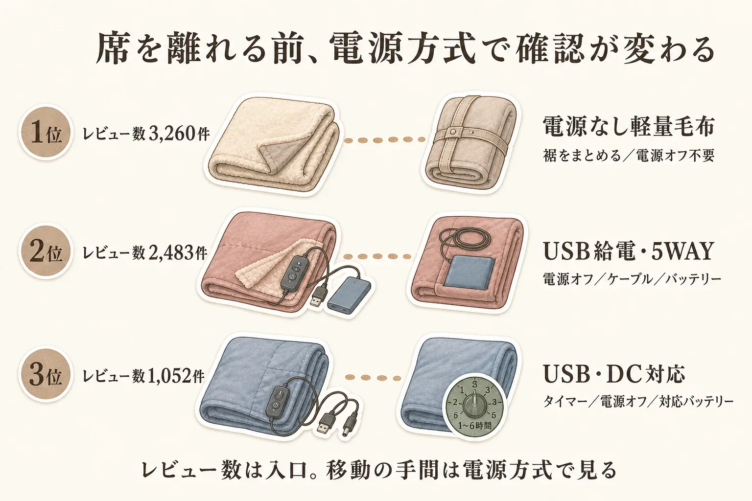 席を離れる前に電源方式ごとに確認する内容を示す図。1位の電源を使わない軽量毛布は裾をまとめて電源オフ不要、2位のUSB給電・5WAYひざ掛けは電源オフ・ケーブル・バッテリーを確認、3位のUSB・DC対応電気毛布はタイマー・電源オフ・対応バッテリーを確認する。レビュー数は1位3,260件、2位2,483件、3位1,052件。