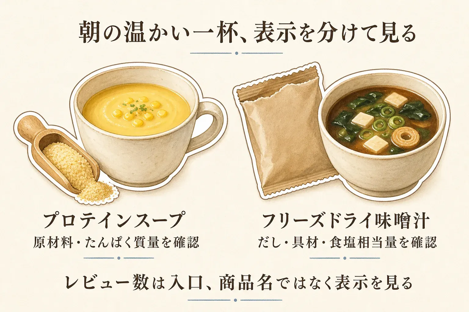 朝の温かい一杯は表示を分けて見ることを示す図。プロテインスープは原材料・たんぱく質量を、フリーズドライ味噌汁はだし・具材・食塩相当量を確認し、レビュー数は入口で商品名ではなく表示を見ることを示す。
