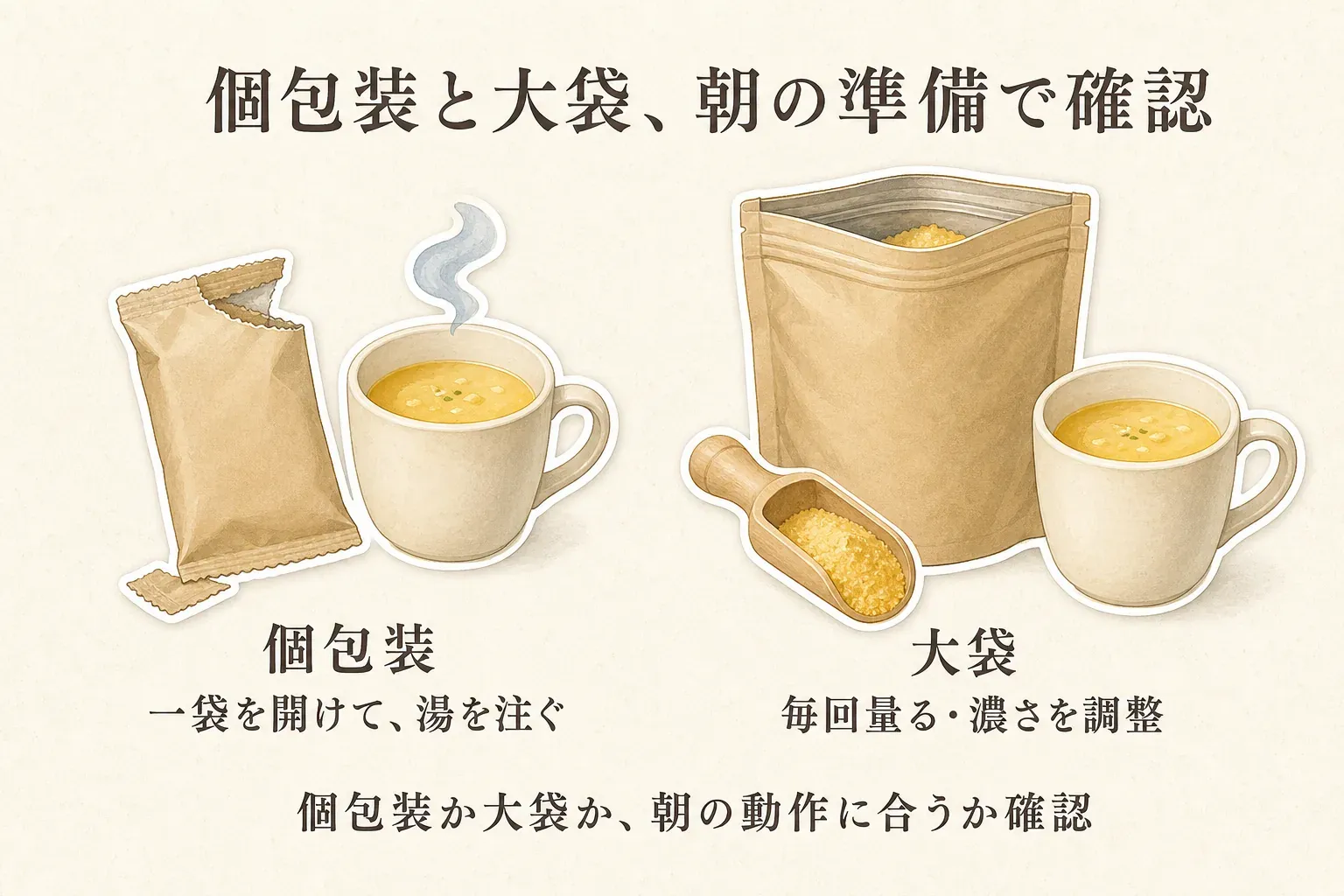 個包装と大袋で朝の準備を比べる図。個包装は一袋を開けて湯を注ぎ、大袋は毎回量って濃さを調整するため、朝の動作に合う包装を確認することを示す。