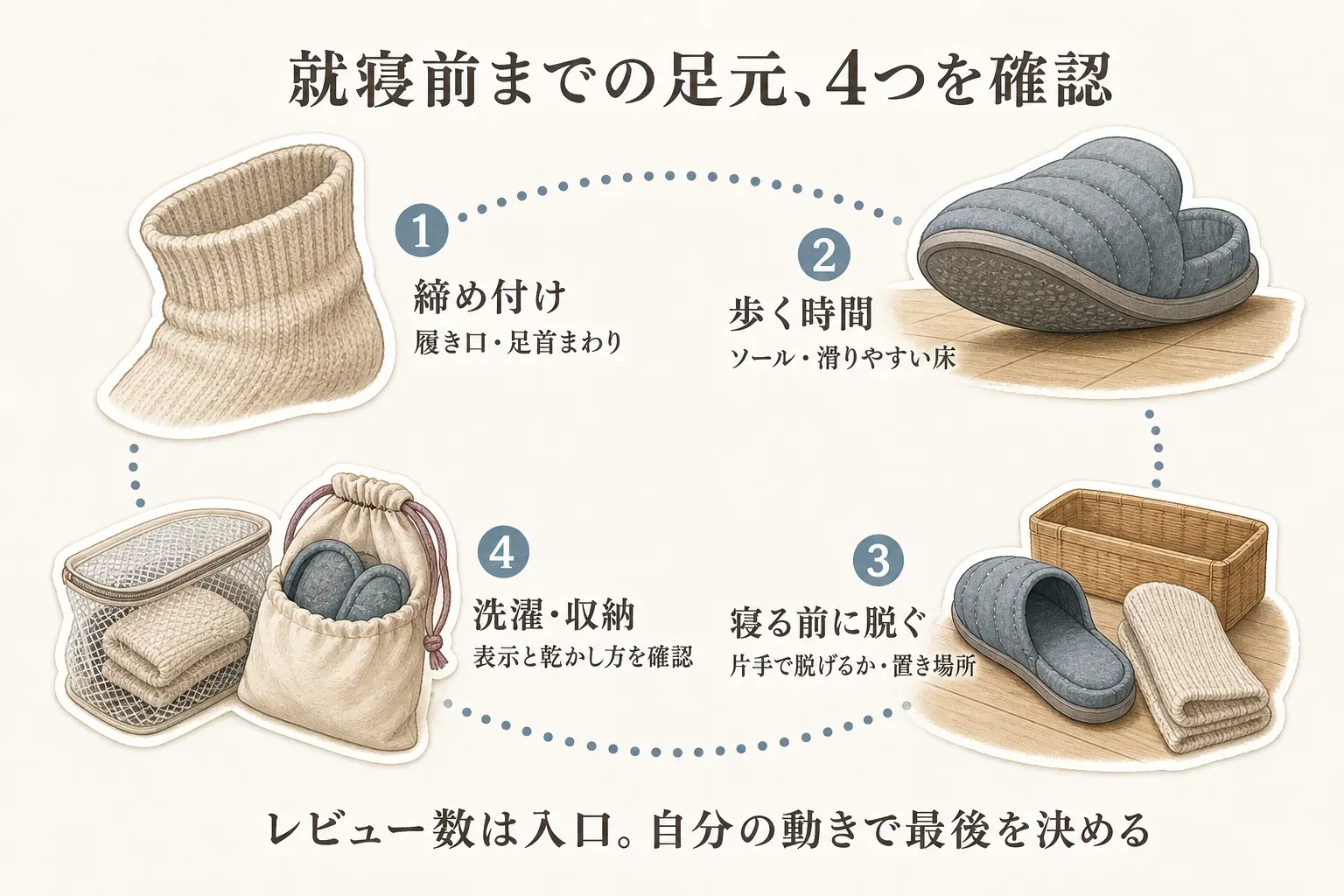 就寝前の足元の確認項目を示す図。靴下やルームシューズについて、足首の締め付け、部屋の中を歩く量、寝る前に脱ぎやすいか、洗濯・収納の表示を順に確認することを案内している。