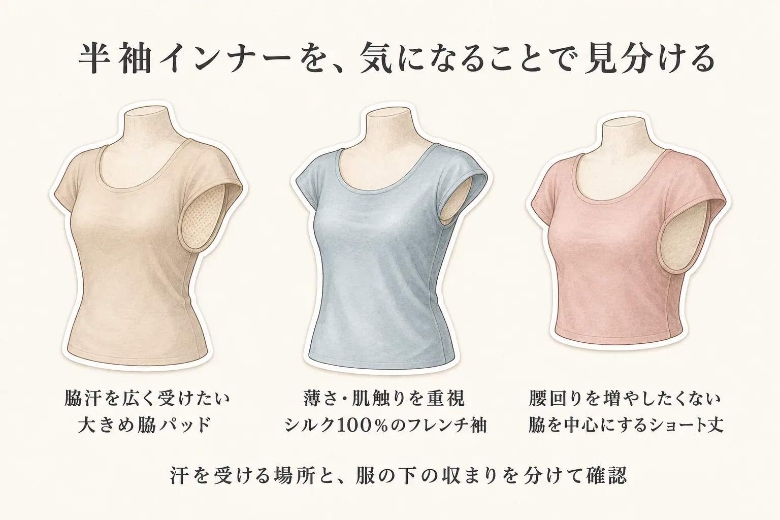 半袖インナーを気になること別に見分ける図。脇汗を広く受けたい場合は大きめ脇パッド、薄さと肌触りを重視する場合はシルク100％のフレンチ袖、腰回りを増やしたくない場合は脇を中心にするショート丈を選び、汗を受ける場所と服の下の収まりを確認する。