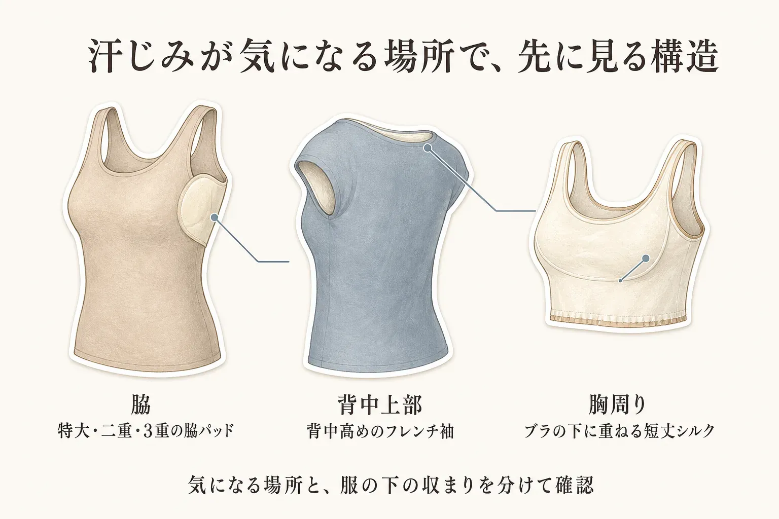 汗じみが気になる場所ごとに先に見る構造を示す図。脇は特大・二重・3重の脇パッド、背中上部は背中高めのフレンチ袖、胸周りはブラの下に重ねる短丈シルクを確認する。