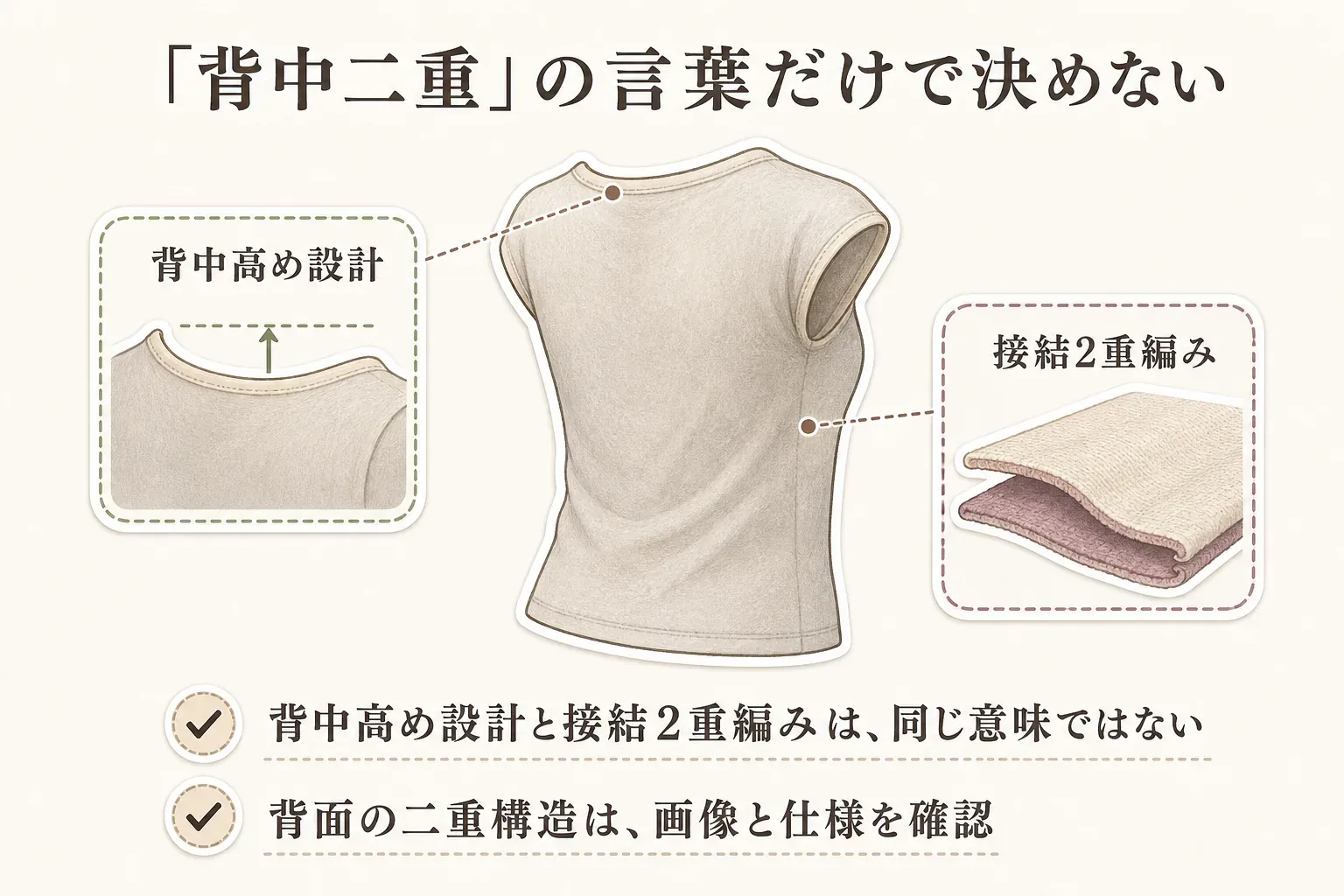 「背中二重」の言葉だけで決めないための図。背中高め設計と接結2重編みは同じ意味ではなく、背面の二重構造は商品ページの画像と仕様で確認する。