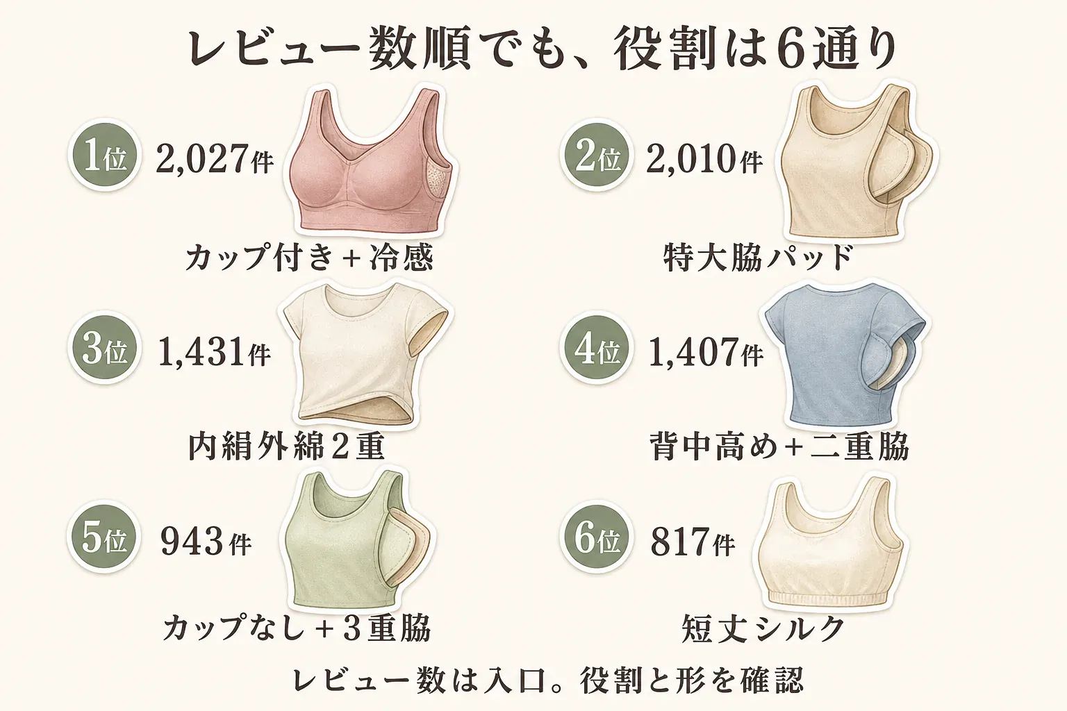 レビュー数順の6商品の役割を示す図。1位はカップ付き＋冷感、2位は特大脇パッド、3位は内絹外綿2重、4位は背中高め＋二重脇、5位はカップなし＋3重脇、6位は短丈シルクで、レビュー数は入口として役割と形を確認する。