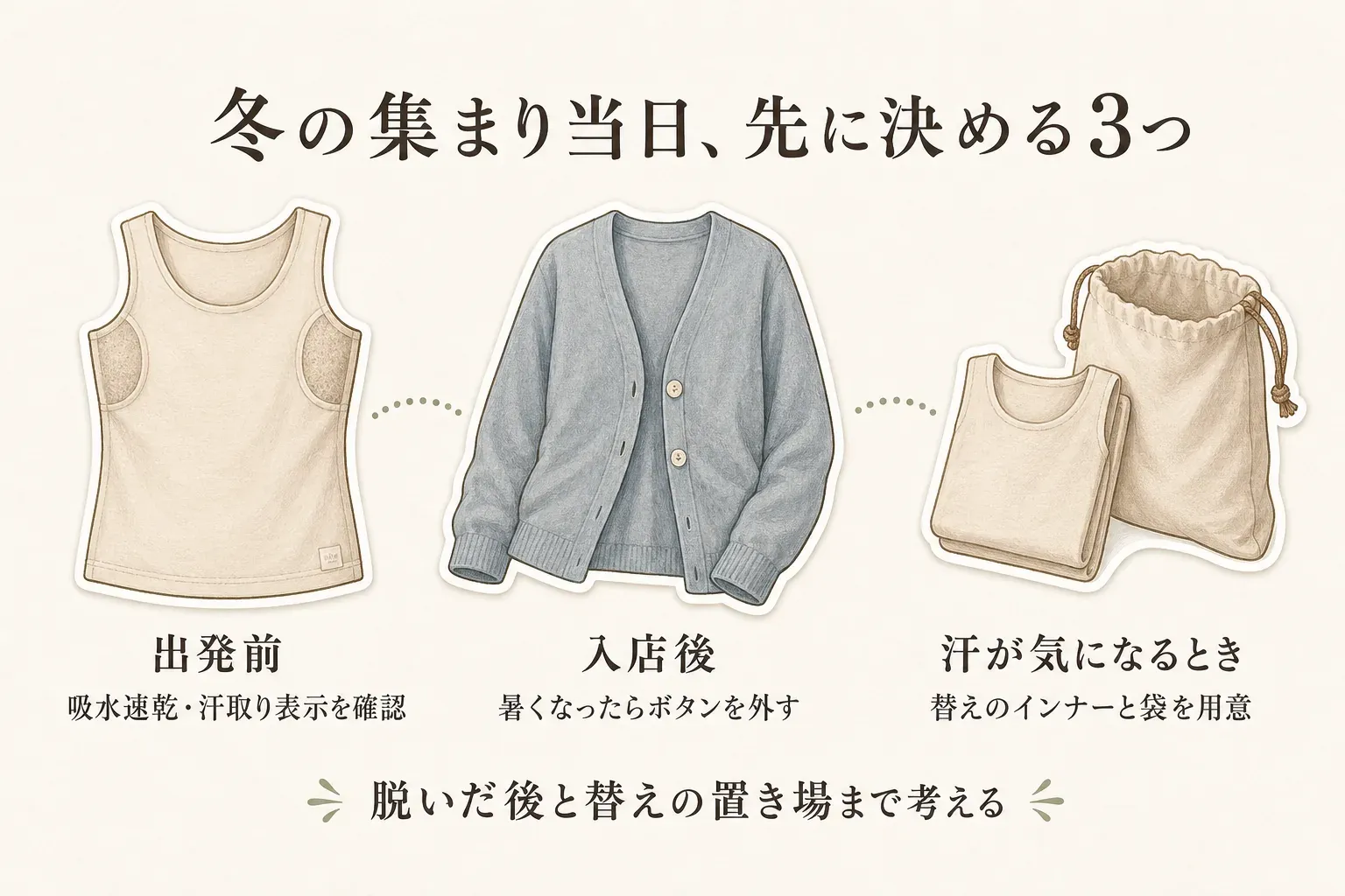冬の集まり当日に先に決めることを示す図。出発前は吸水速乾・汗取り表示を確認し、入店後に暑くなったらカーディガンのボタンを外し、汗が気になるときは替えのインナーと袋を用意する。脱いだ後と替えの置き場所まで考える。